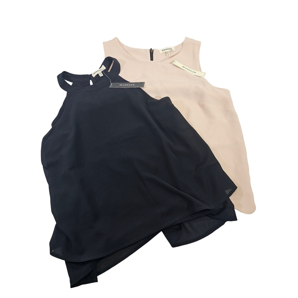 Monteau Sleeveless Blouse Bundle Womens M Black Tan Solid Scallop Halter Top NEW